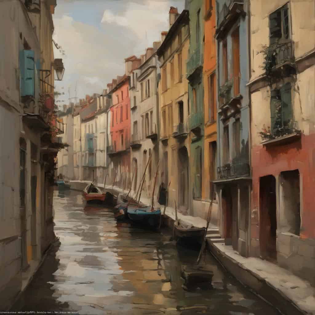 Γραφικό τοπίο παλιάς γαλλικής πόλης με πολύχρωμα κτίρια και κανάλι με μικρά σκάφη, εμπνευσμένο από τους καλλιτέχνες που διαμόρφωσαν τη σύγχρονη τέχνη.