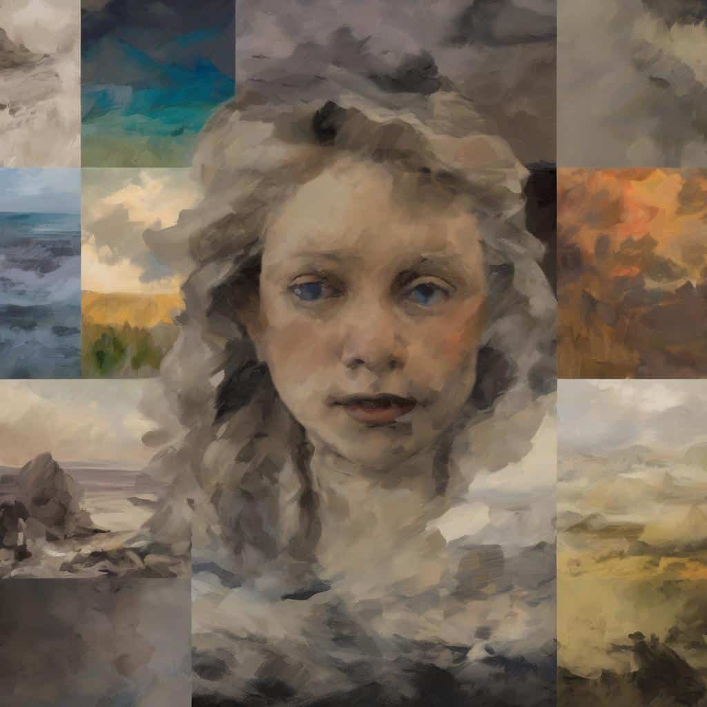 Ανθρώπινο πορτρέτο σε πίνακα με τοπία και σύνθετα χρώματα, αναδεικνύοντας καλλιτέχνες που διαμόρφωσαν τη σύγχρονη τέχνη.