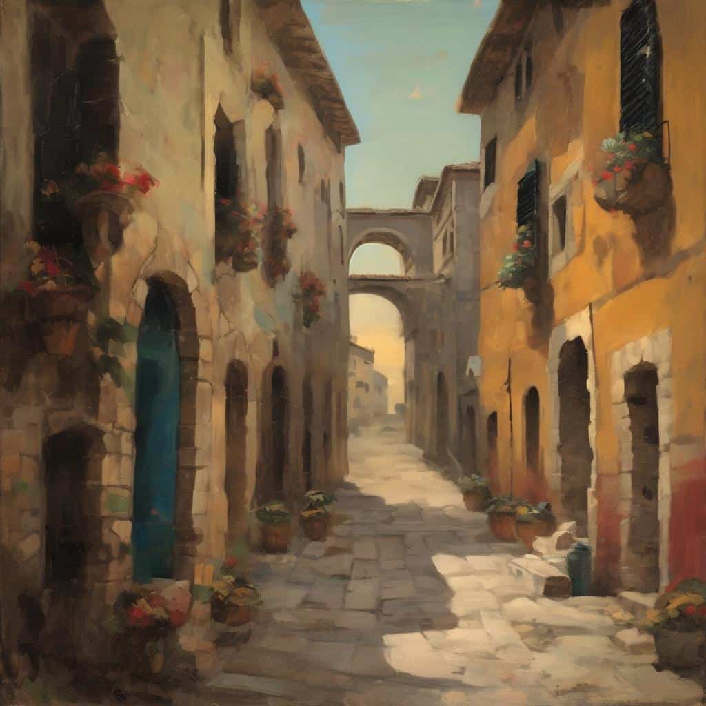 Παράδοση της σύγχρονης τέχνης με ελαιογραφία σε θέμα καλλιτεχνών που διαμόρφωσαν τη σύγχρονη τέχνη, με γραφικά στοιχεία μιας ιταλικής πόλης.